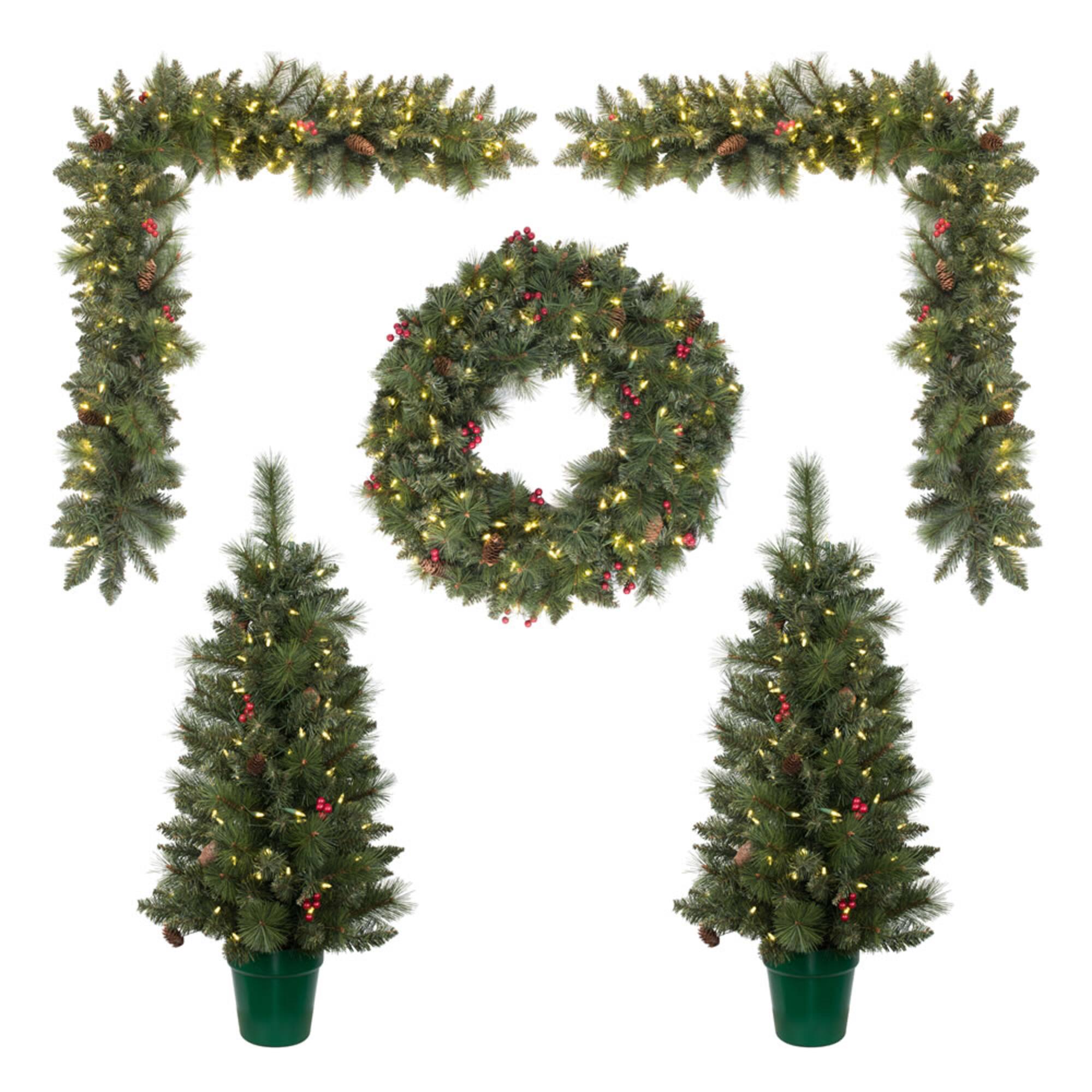 5-Piece Pre-Lit Front Door Artificial Christmas Set, Clear LED Lights